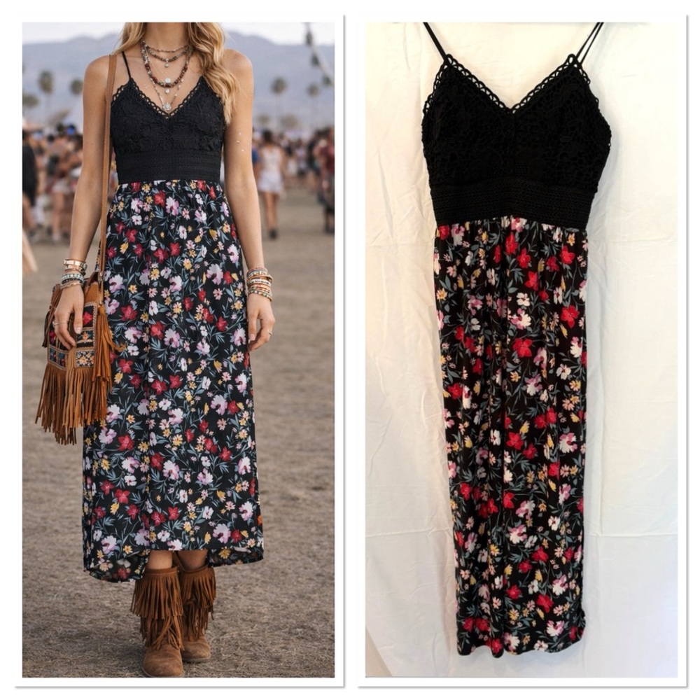 Festival Floral Crochet Womens Juniors Maxi Dress Size‎ XL 15/17 Boho Smocked